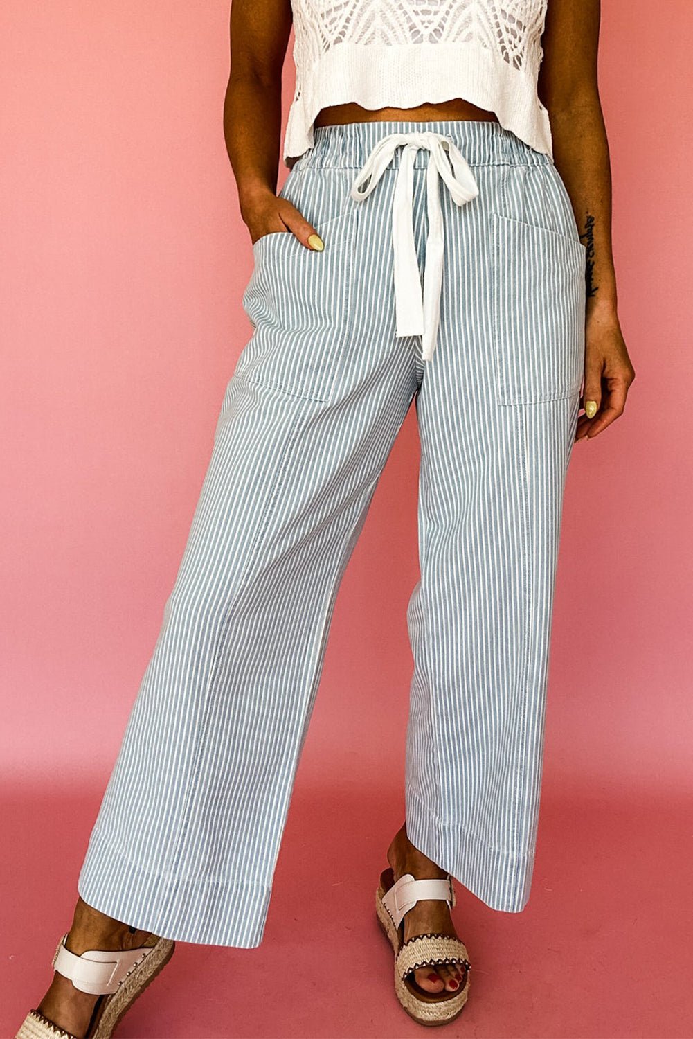 Sky Blue Striped Mid Rise Drawstring Waist Jeans - MAD RUFFI