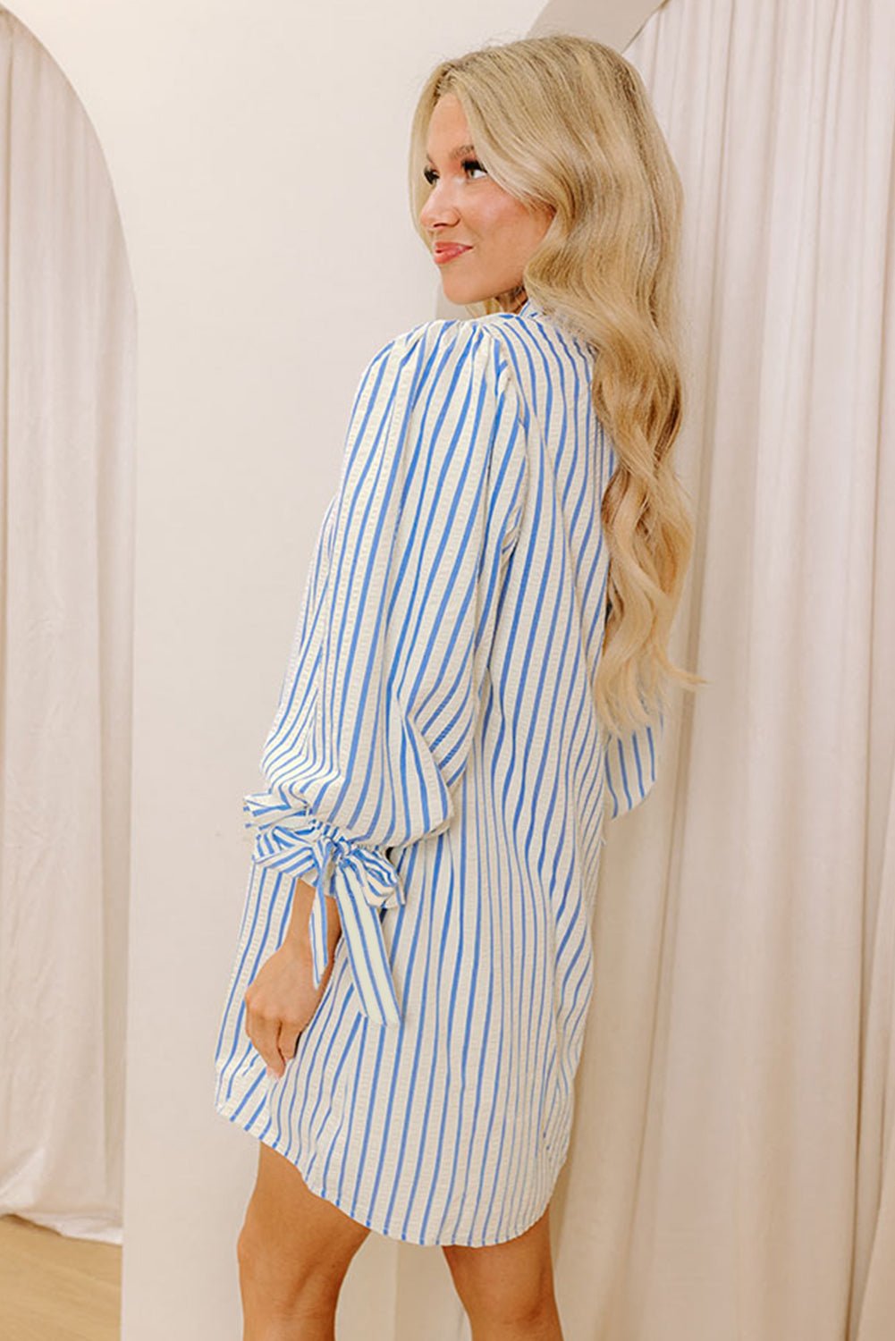 Sky Blue Striped Notched Neck Knot Cuffs Mini Dress - MAD RUFFI
