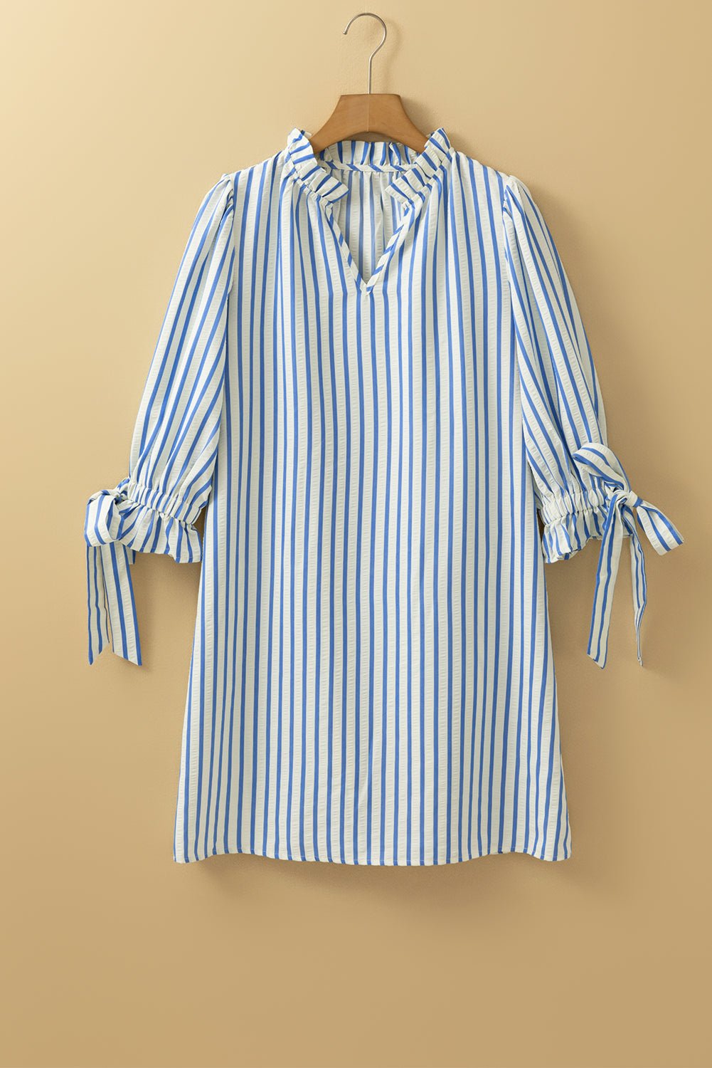Sky Blue Striped Notched Neck Knot Cuffs Mini Dress - MAD RUFFI