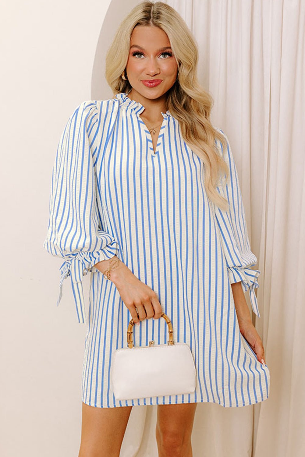 Sky Blue Striped Notched Neck Knot Cuffs Mini Dress - MAD RUFFI