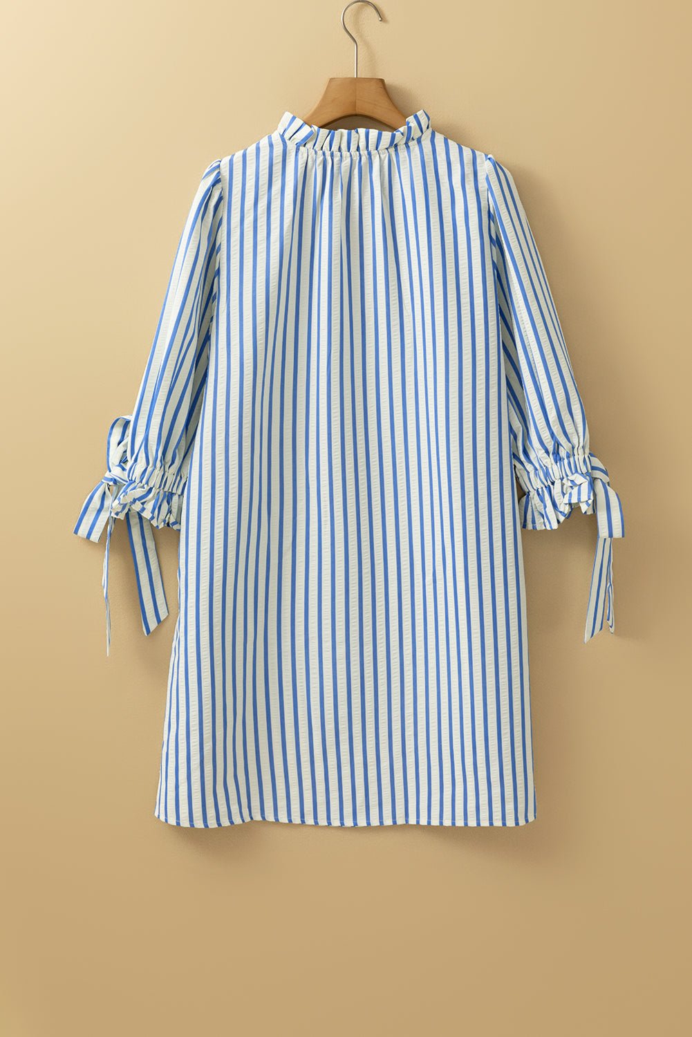 Sky Blue Striped Notched Neck Knot Cuffs Mini Dress - MAD RUFFI