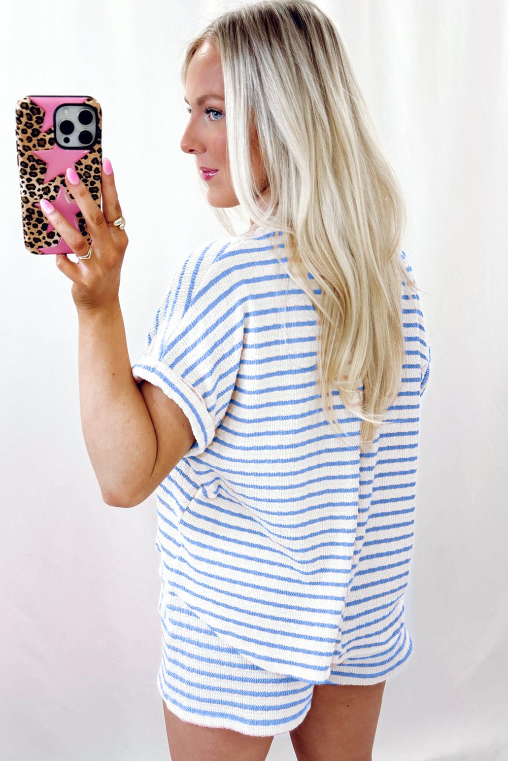 Sky Blue Striped Print Short Sleeve Top and Pocket Shorts Set - MAD RUFFI