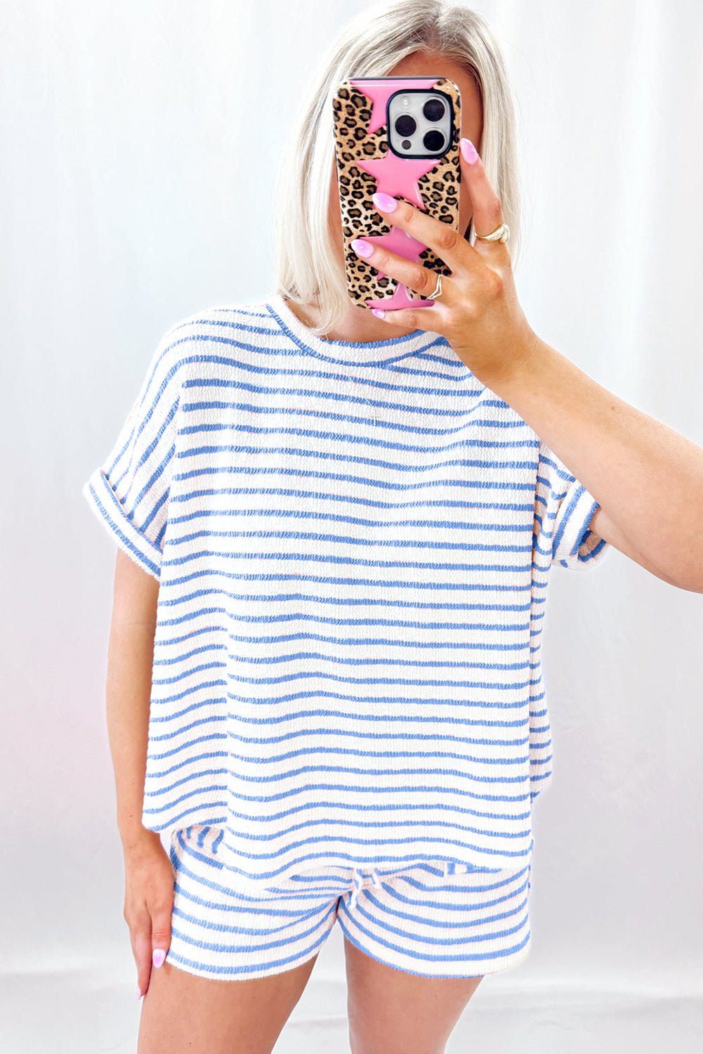 Sky Blue Striped Print Short Sleeve Top and Pocket Shorts Set - MAD RUFFI