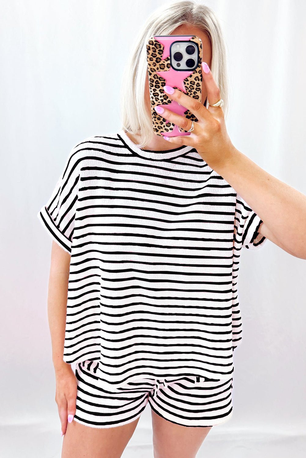 Sky Blue Striped Print Short Sleeve Top and Pocket Shorts Set - MAD RUFFI