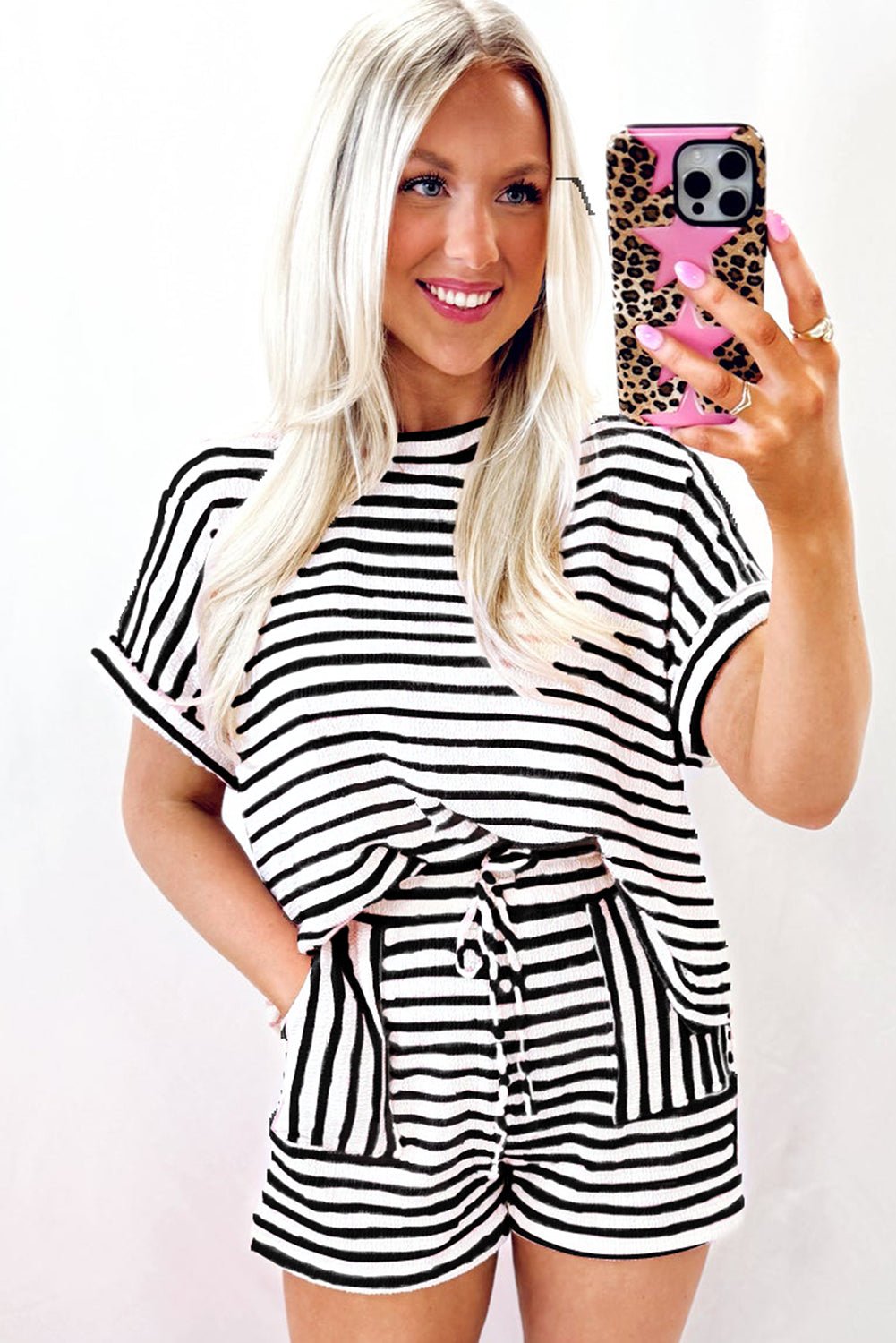 Sky Blue Striped Print Short Sleeve Top and Pocket Shorts Set - MAD RUFFI