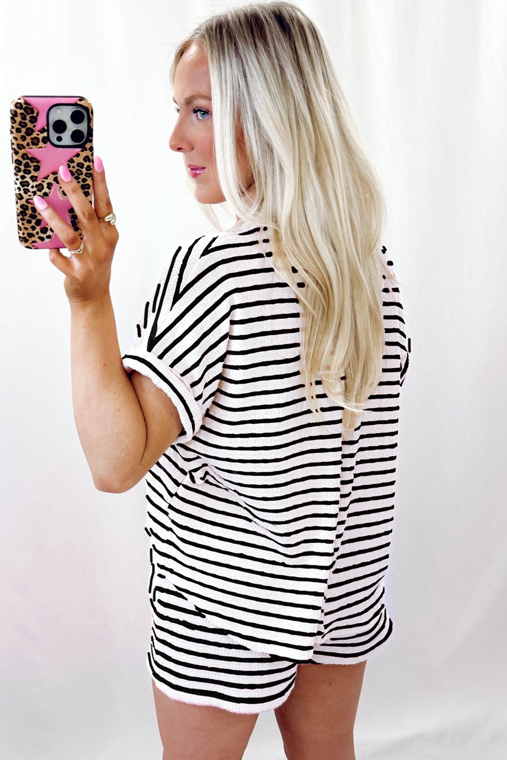 Sky Blue Striped Print Short Sleeve Top and Pocket Shorts Set - MAD RUFFI