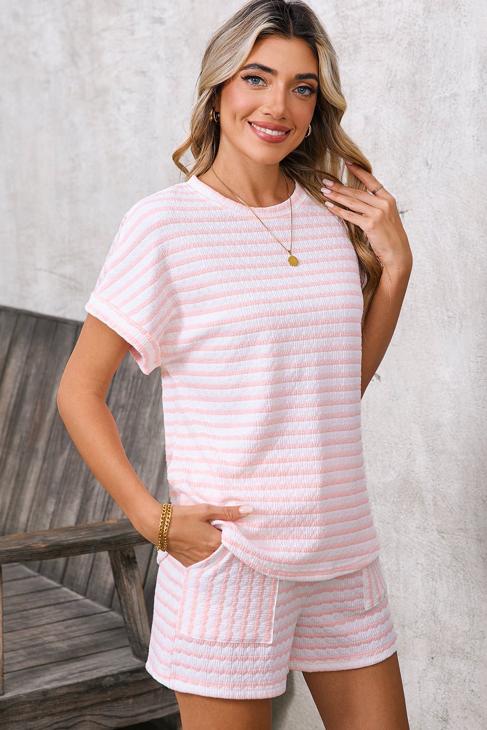 Sky Blue Striped Print Short Sleeve Top and Pocket Shorts Set - MAD RUFFI