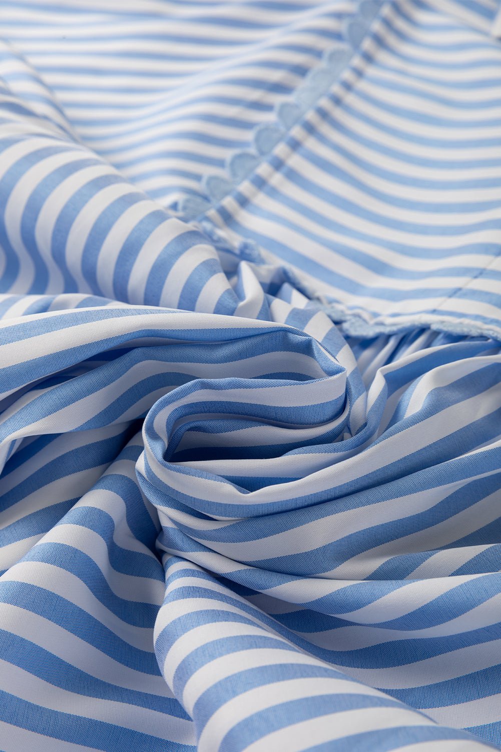 Sky Blue Striped Ric Rac Trim Collared V Neck Blouse - MAD RUFFI