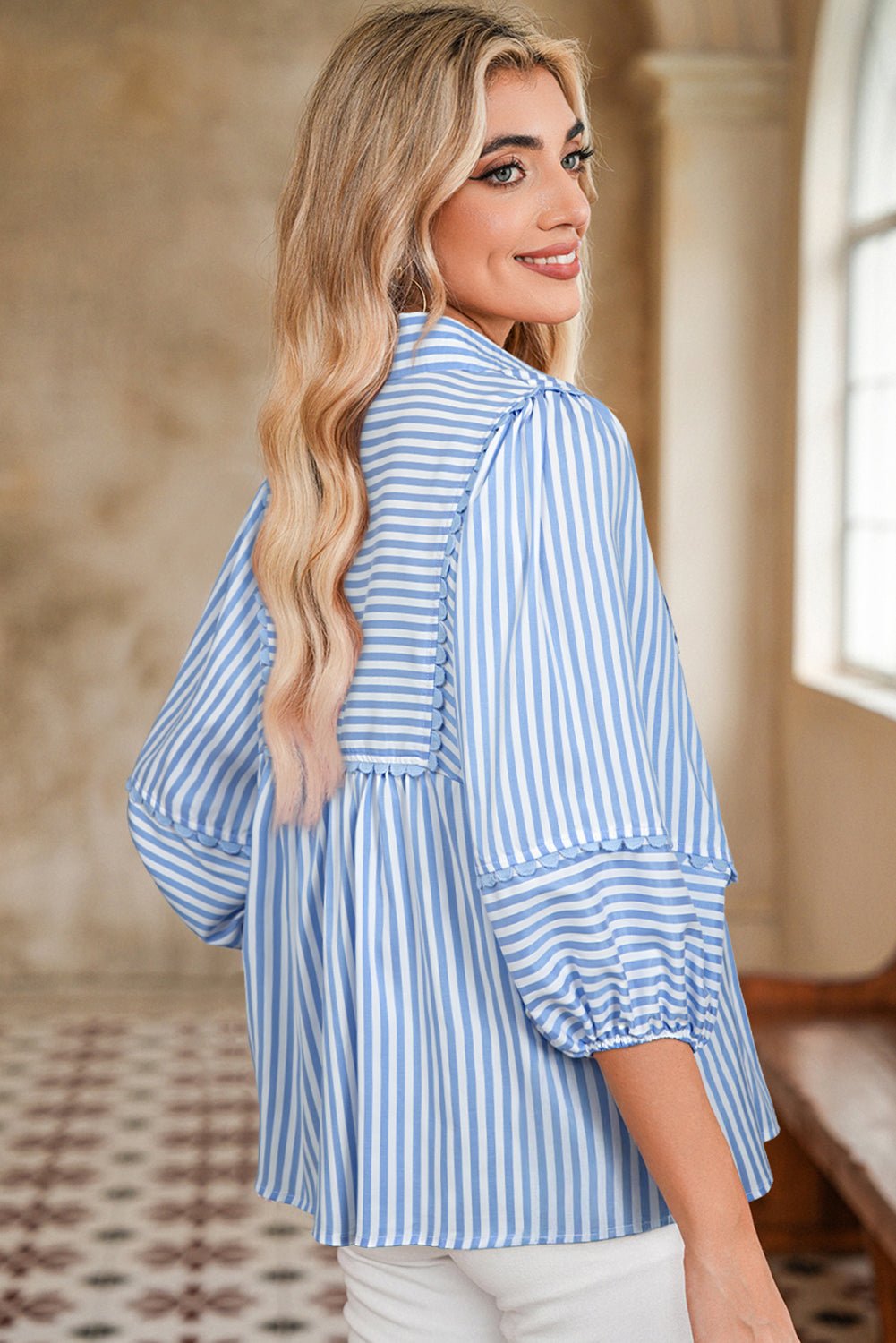 Sky Blue Striped Ric Rac Trim Collared V Neck Blouse - MAD RUFFI