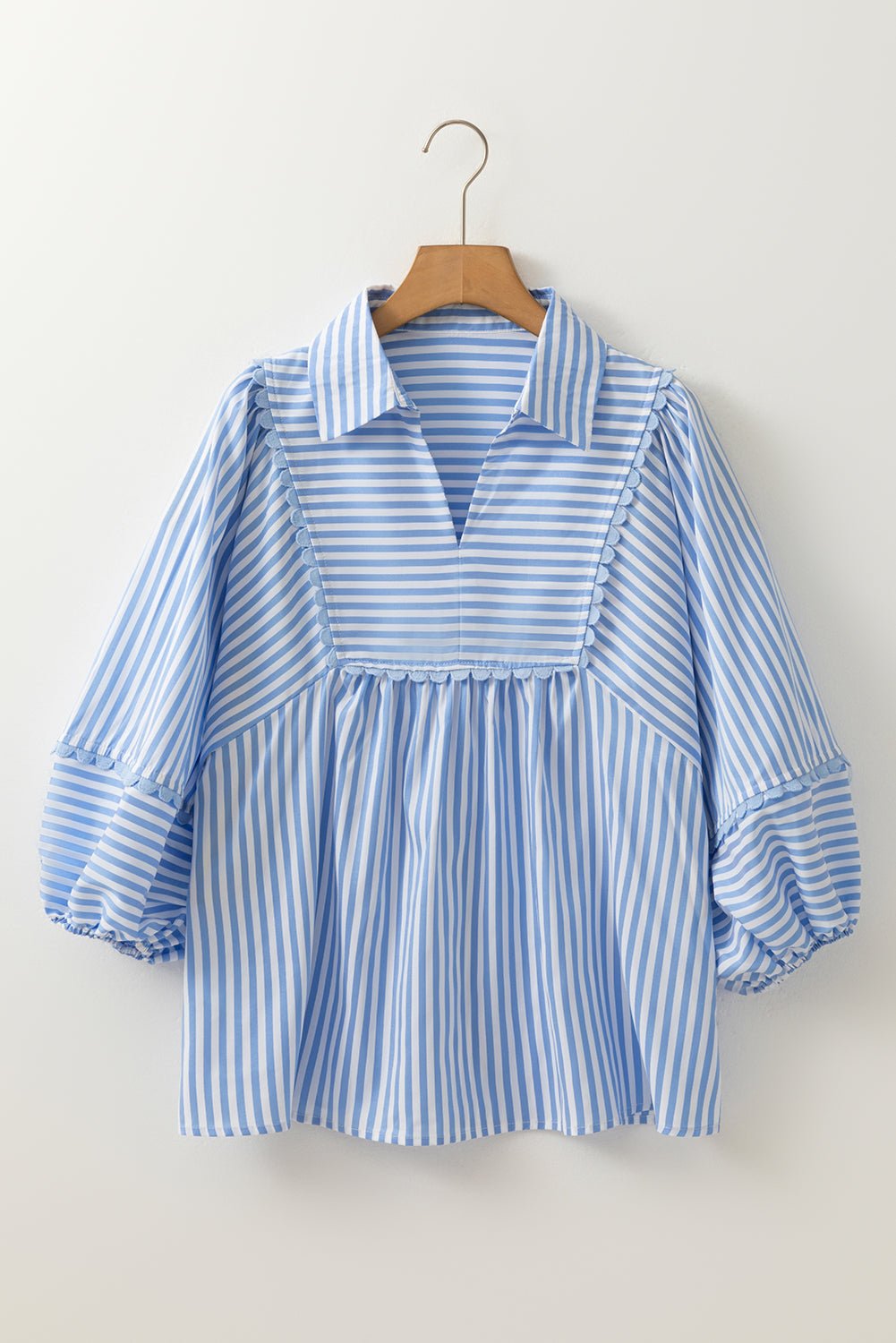 Sky Blue Striped Ric Rac Trim Collared V Neck Blouse - MAD RUFFI
