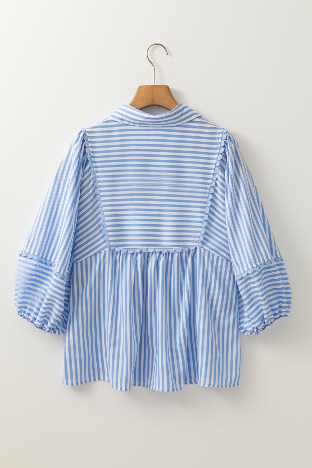 Sky Blue Striped Ric Rac Trim Collared V Neck Blouse - MAD RUFFI