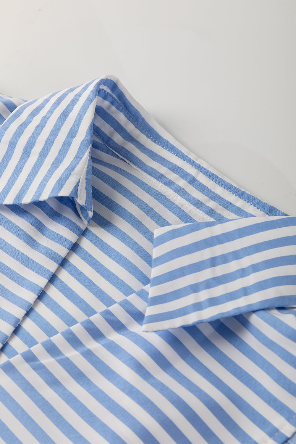 Sky Blue Striped Ric Rac Trim Collared V Neck Blouse - MAD RUFFI