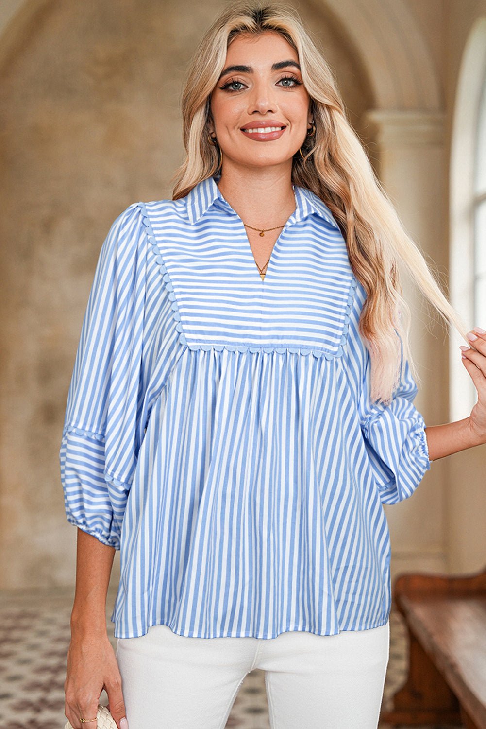 Sky Blue Striped Ric Rac Trim Collared V Neck Blouse - MAD RUFFI