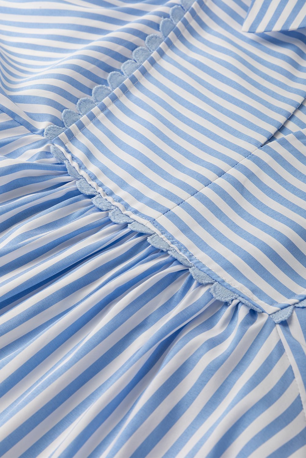 Sky Blue Striped Ric Rac Trim Collared V Neck Blouse - MAD RUFFI