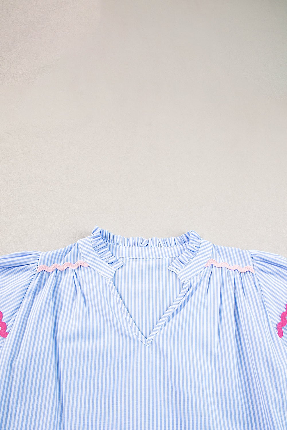 Sky Blue Striped Ricrac Splicing Frill V - Neck Blouse - MAD RUFFI