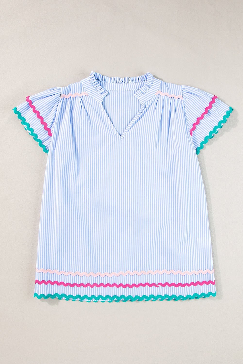 Sky Blue Striped Ricrac Splicing Frill V - Neck Blouse - MAD RUFFI