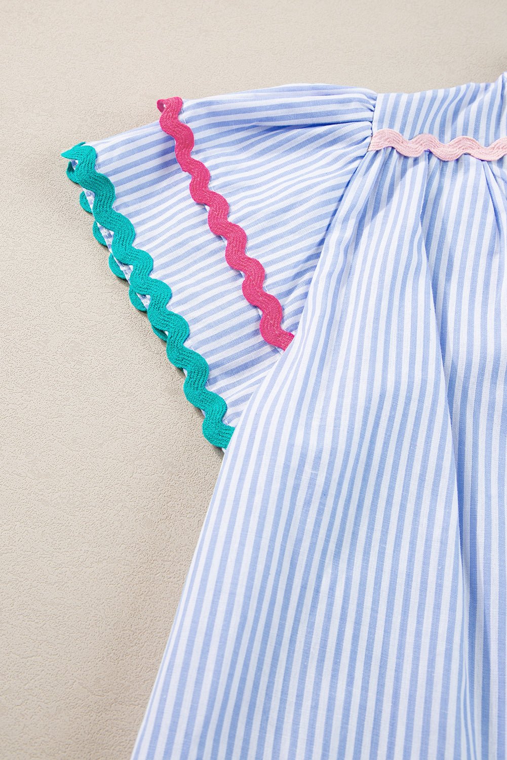 Sky Blue Striped Ricrac Splicing Frill V - Neck Blouse - MAD RUFFI