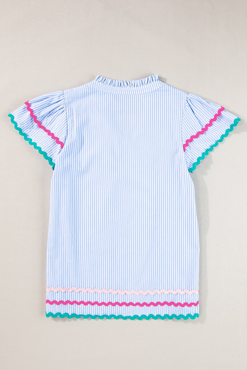 Sky Blue Striped Ricrac Splicing Frill V - Neck Blouse - MAD RUFFI