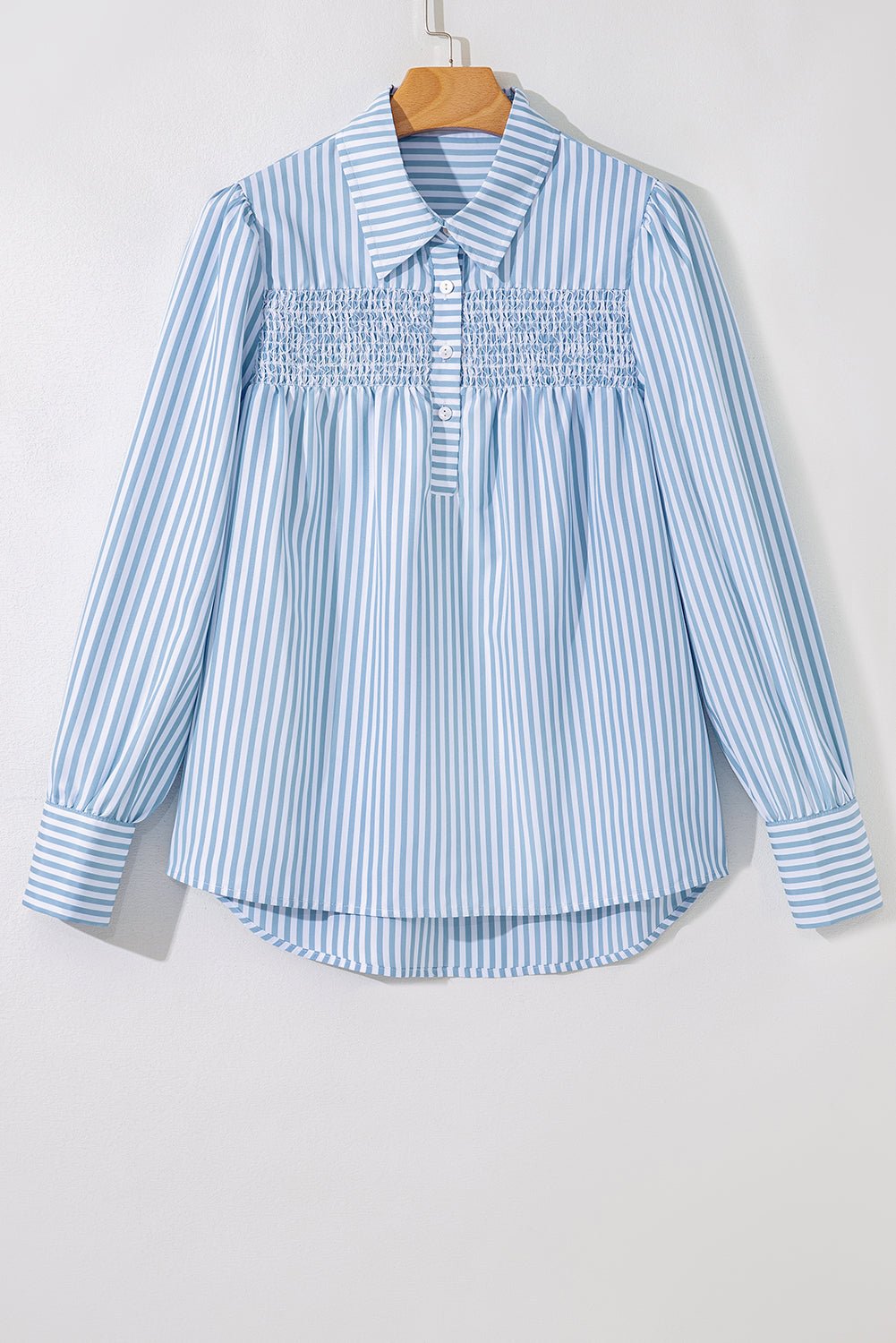 Sky Blue Striped Smocked Long Sleeve Quarter Button Shirt - MAD RUFFI
