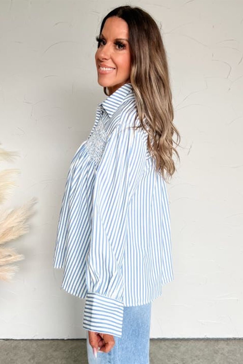 Sky Blue Striped Smocked Long Sleeve Quarter Button Shirt - MAD RUFFI