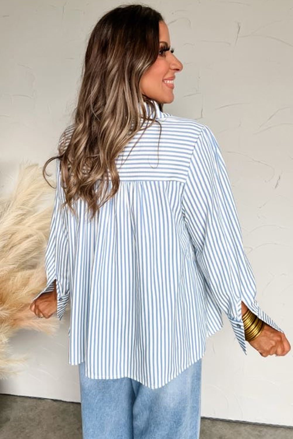 Sky Blue Striped Smocked Long Sleeve Quarter Button Shirt - MAD RUFFI