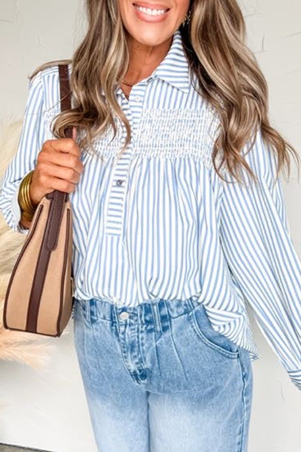 Sky Blue Striped Smocked Long Sleeve Quarter Button Shirt - MAD RUFFI