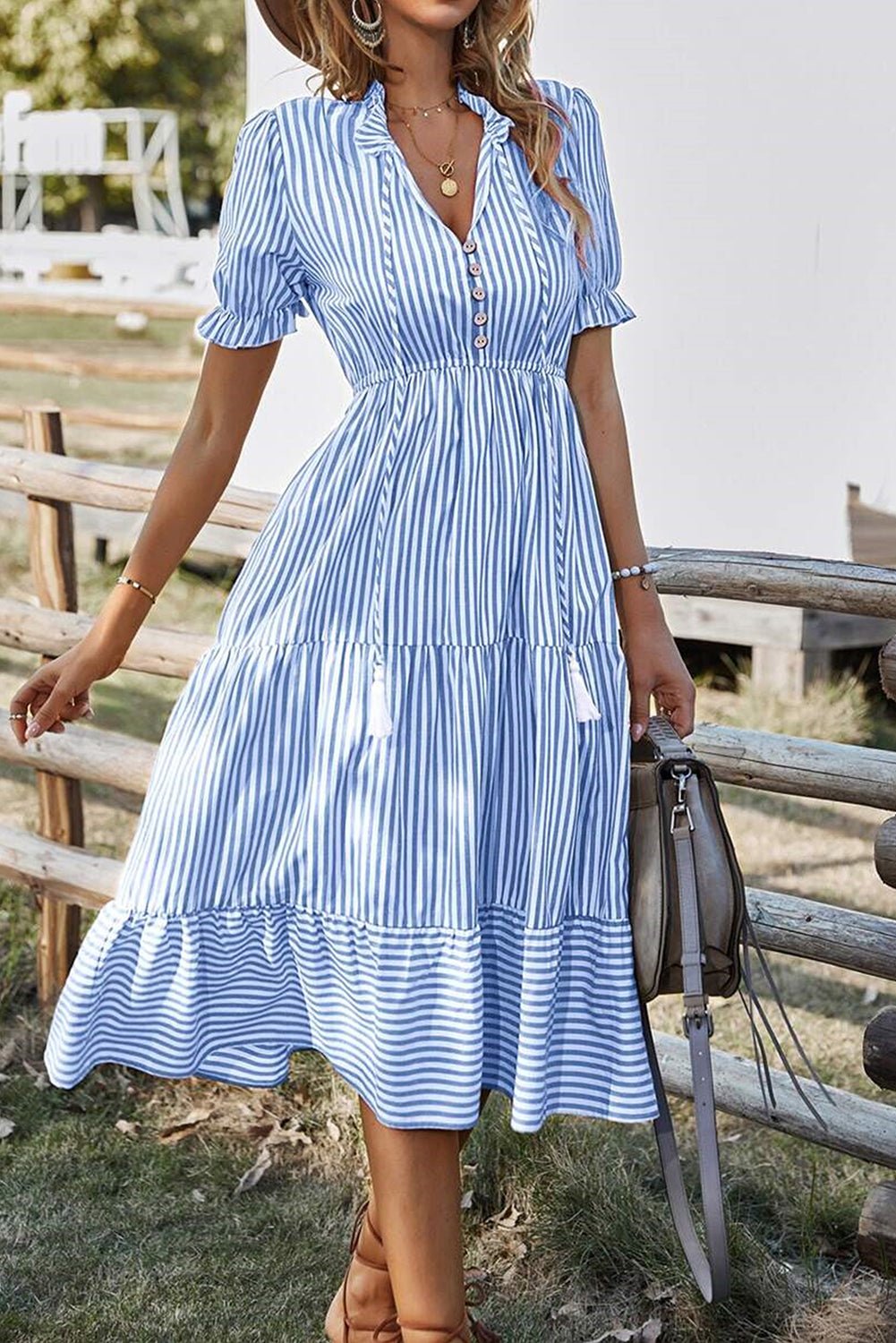 Sky Blue Striped Tassel Tie Front Frill Neck Flowy Midi Dress - MAD RUFFI