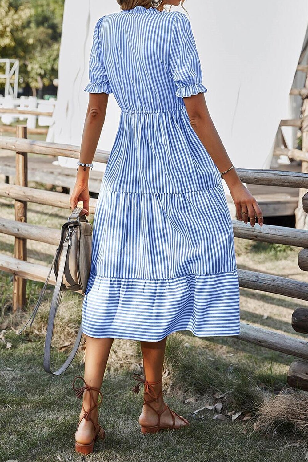 Sky Blue Striped Tassel Tie Front Frill Neck Flowy Midi Dress - MAD RUFFI