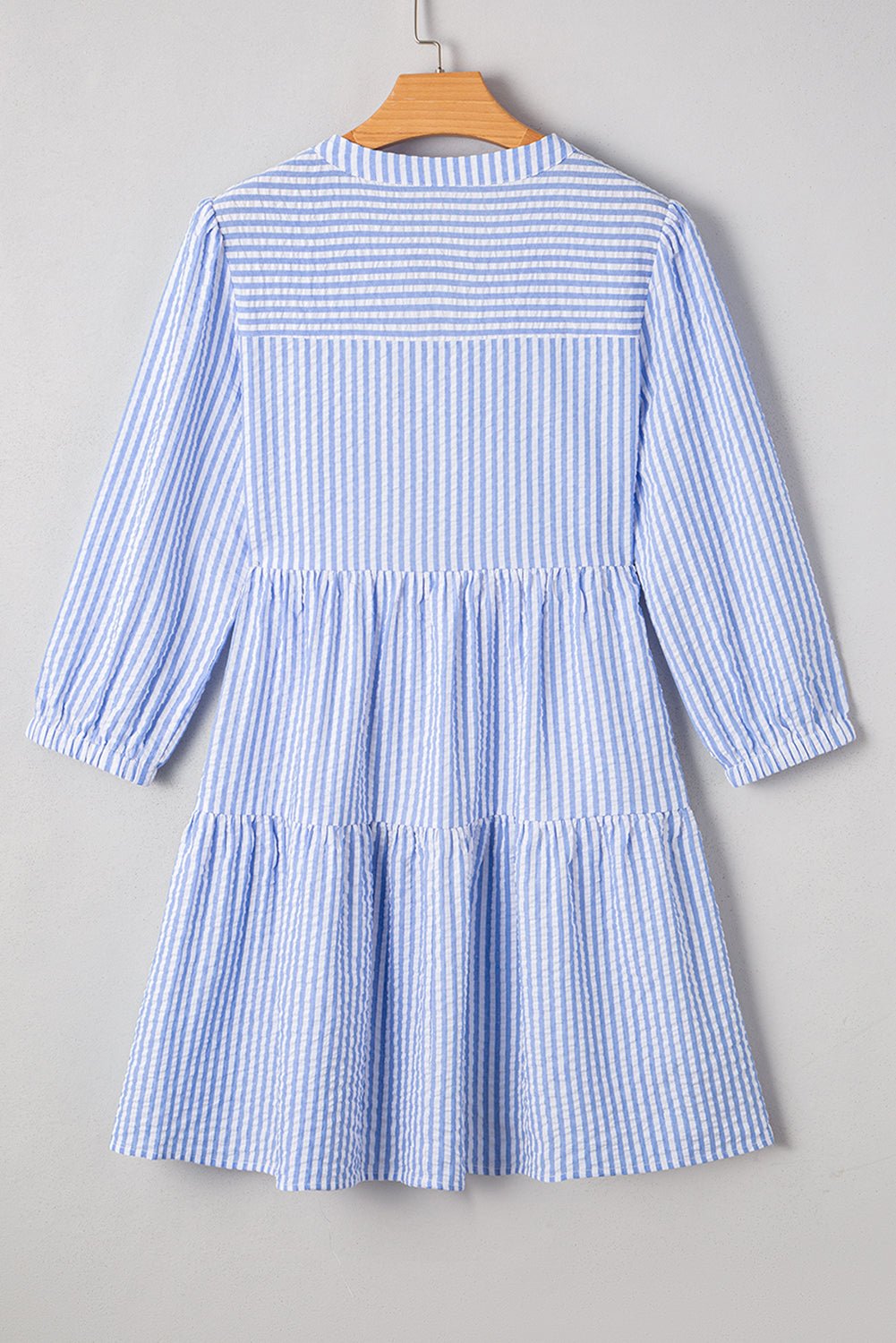 Sky Blue Striped Textured Bracelet Sleeve Tiered Mini Dress - MAD RUFFI