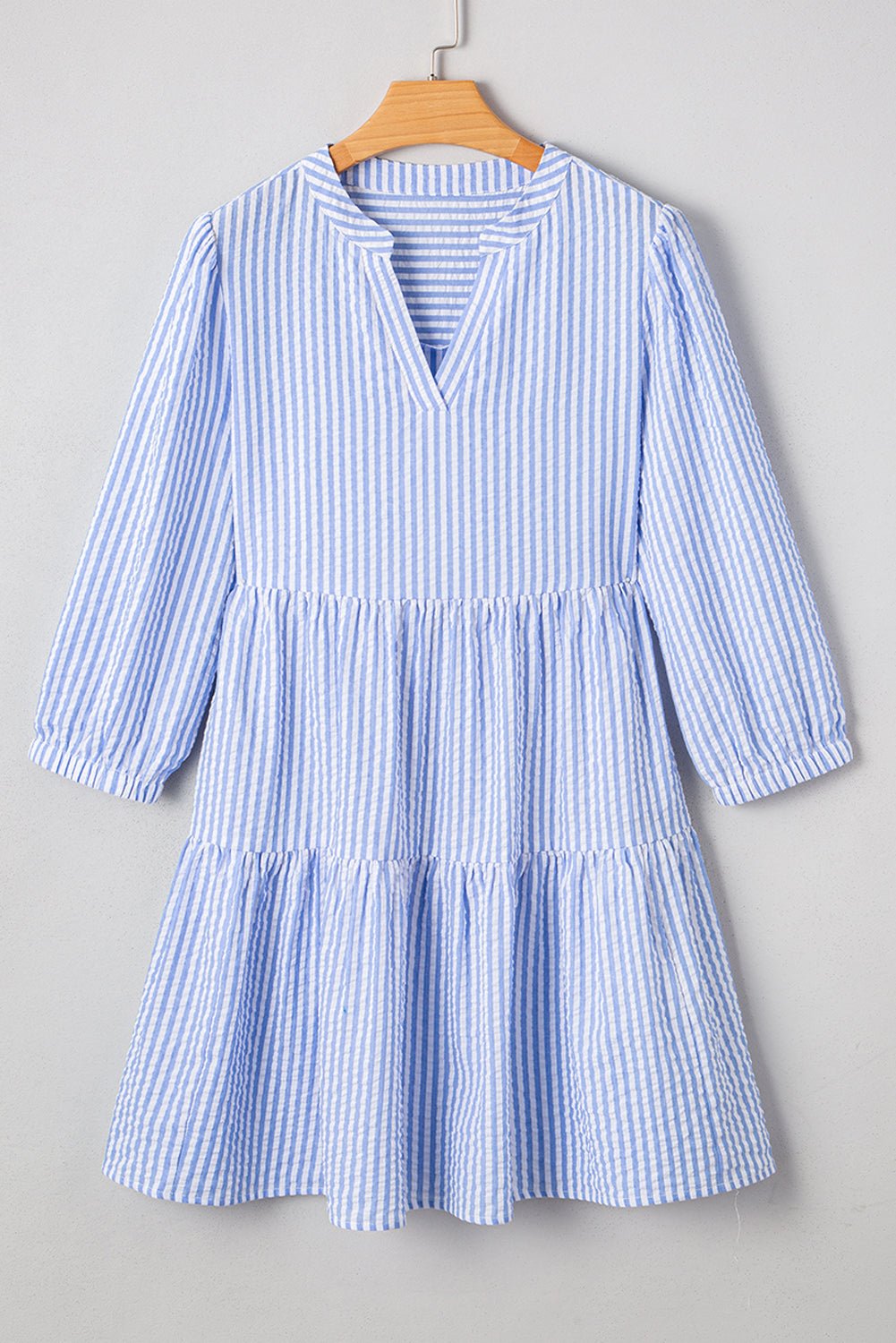 Sky Blue Striped Textured Bracelet Sleeve Tiered Mini Dress - MAD RUFFI
