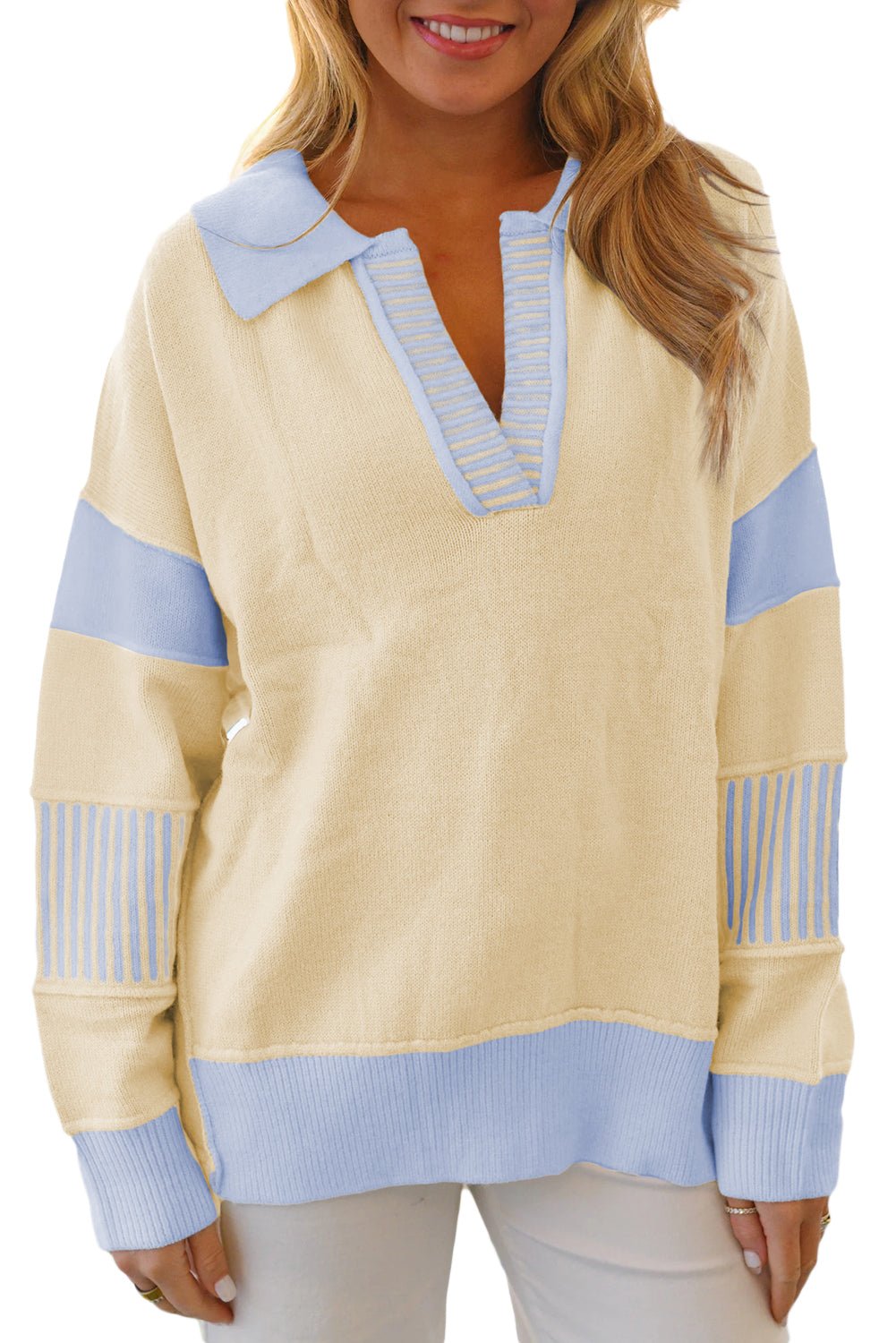 Sky Blue Striped V Neck Collared Colorblock Patchwork Sweater - MAD RUFFI