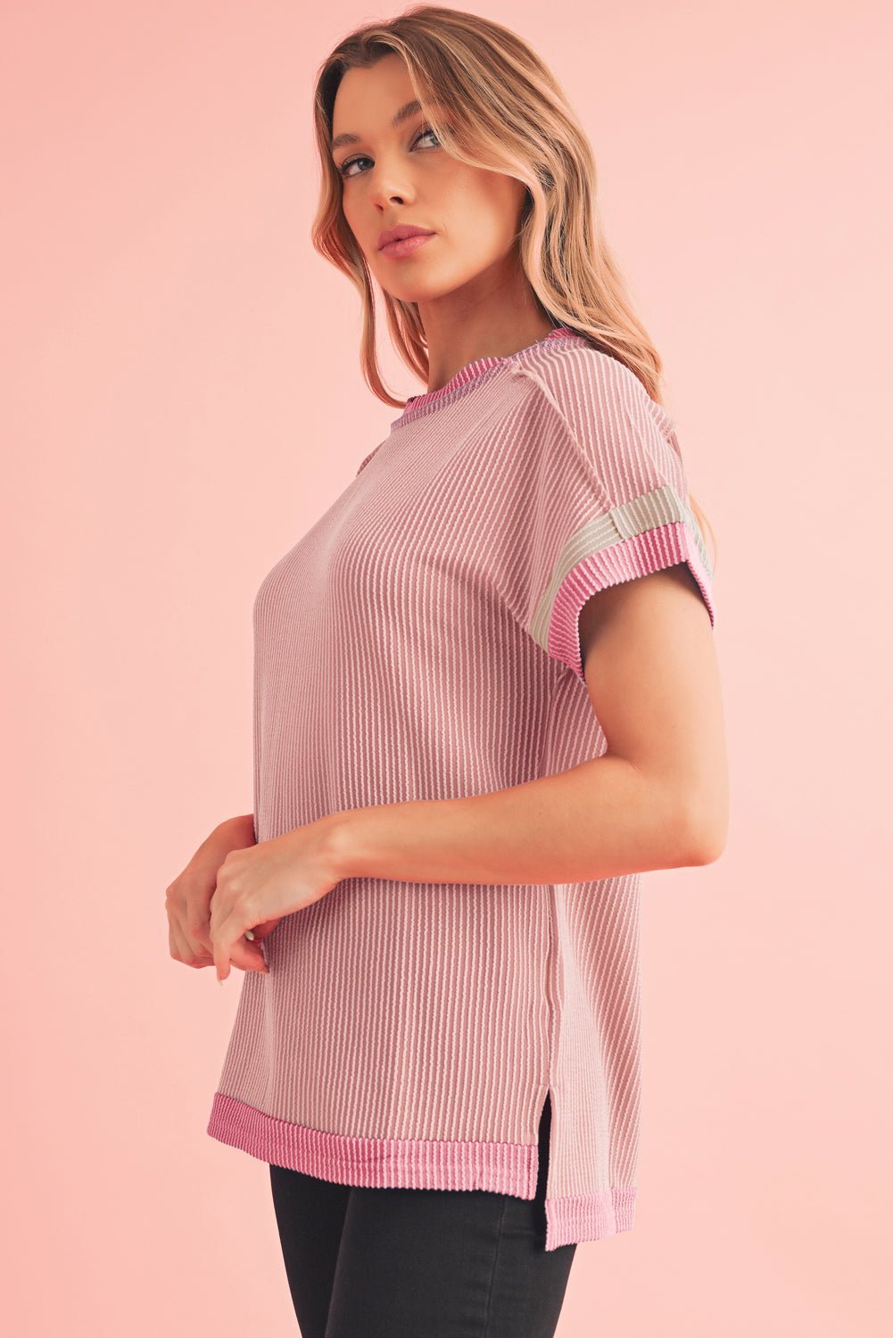 Sky Blue Textured Colorblock Round Neck T Shirt - MAD RUFFI