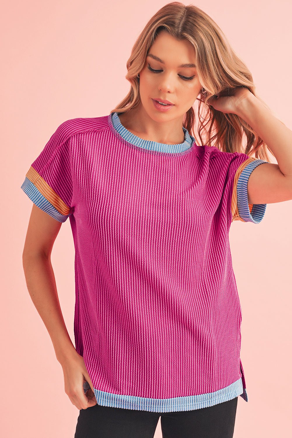 Sky Blue Textured Colorblock Round Neck T Shirt - MAD RUFFI