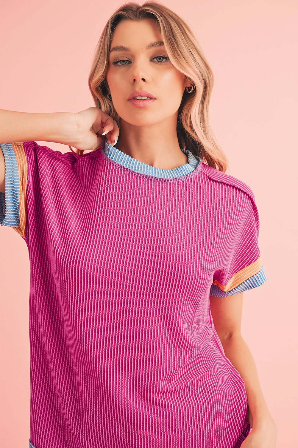 Sky Blue Textured Colorblock Round Neck T Shirt - MAD RUFFI