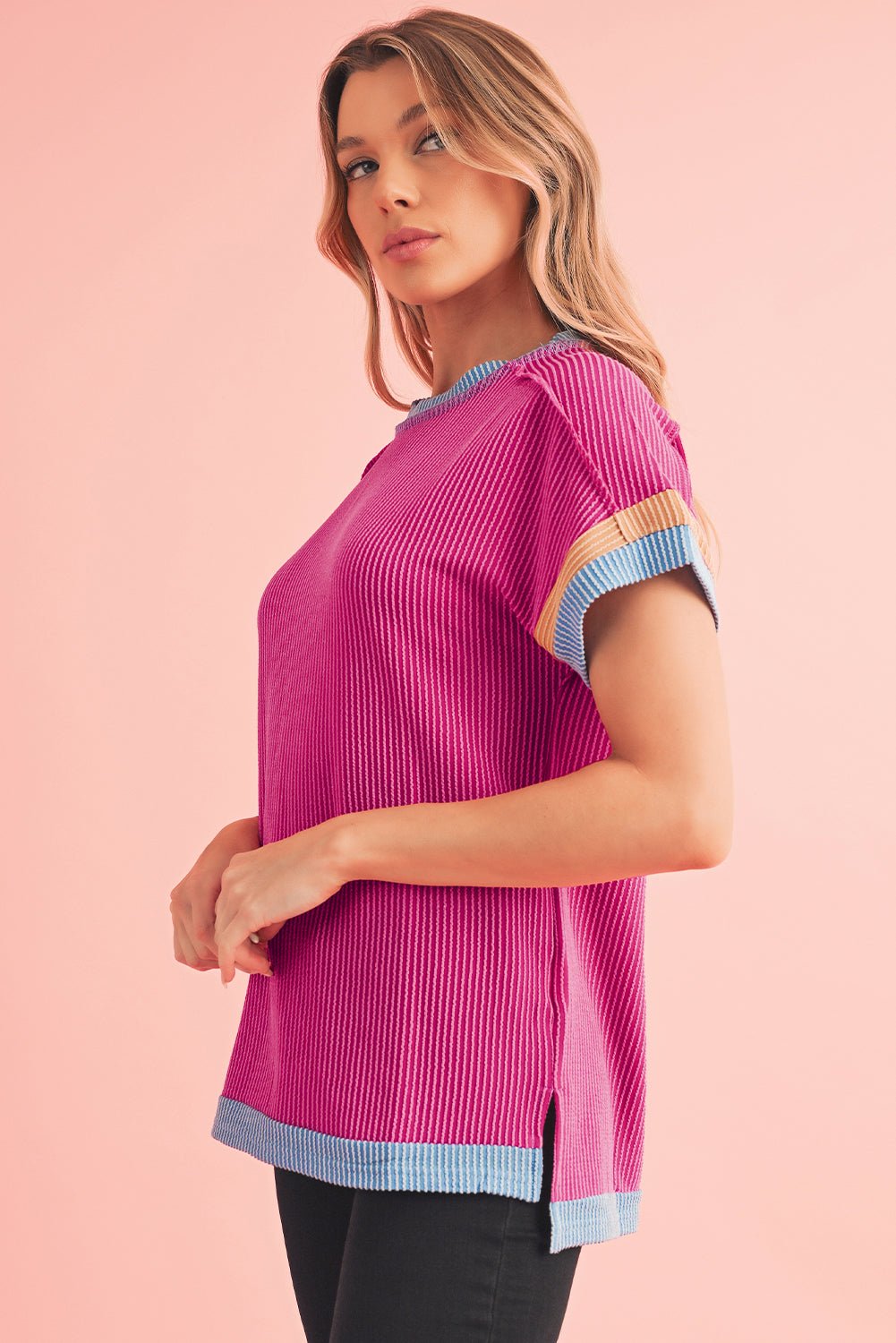 Sky Blue Textured Colorblock Round Neck T Shirt - MAD RUFFI