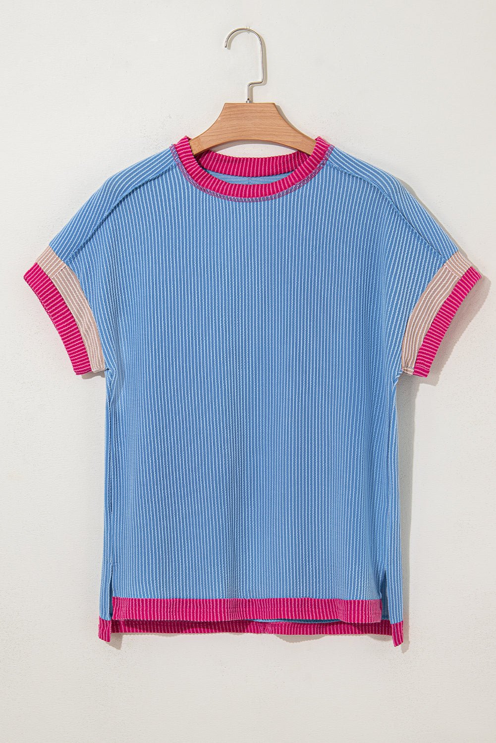 Sky Blue Textured Colorblock Round Neck T Shirt - MAD RUFFI