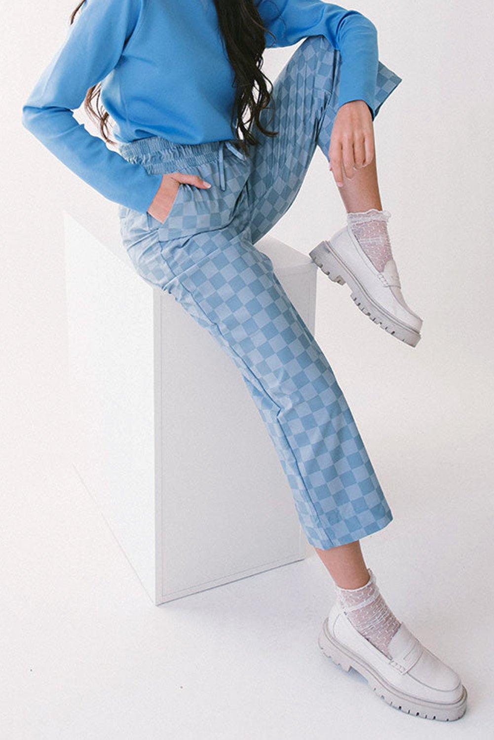 sky blue tie elastic waist checkered loose pants - MAD RUFFI