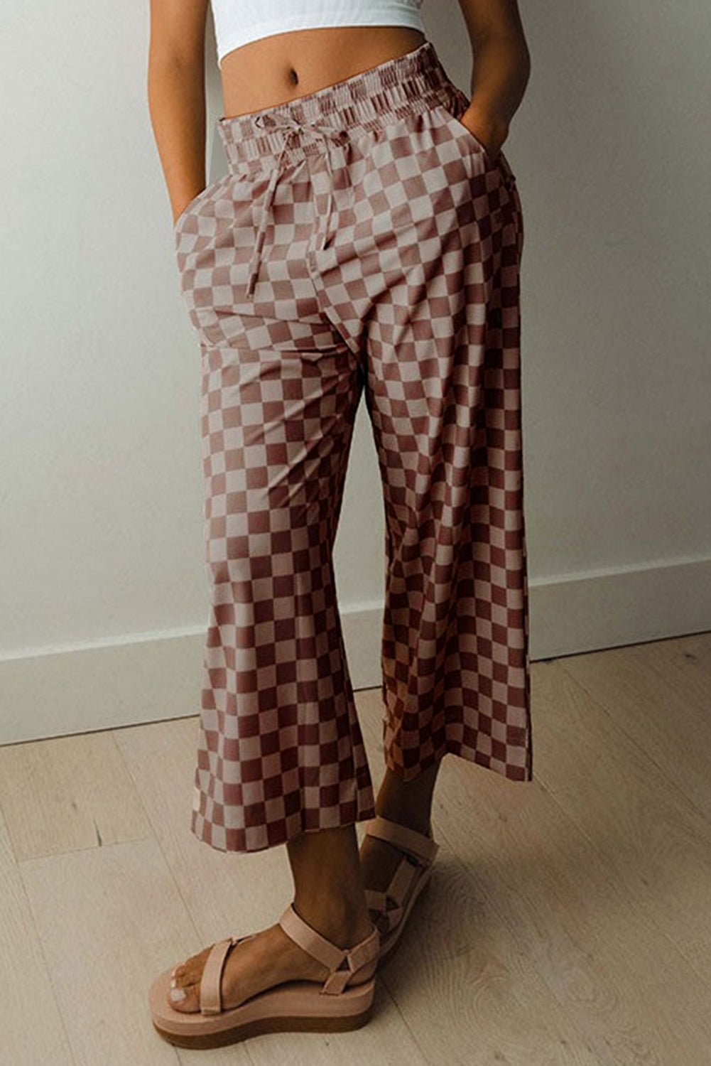 sky blue tie elastic waist checkered loose pants - MAD RUFFI