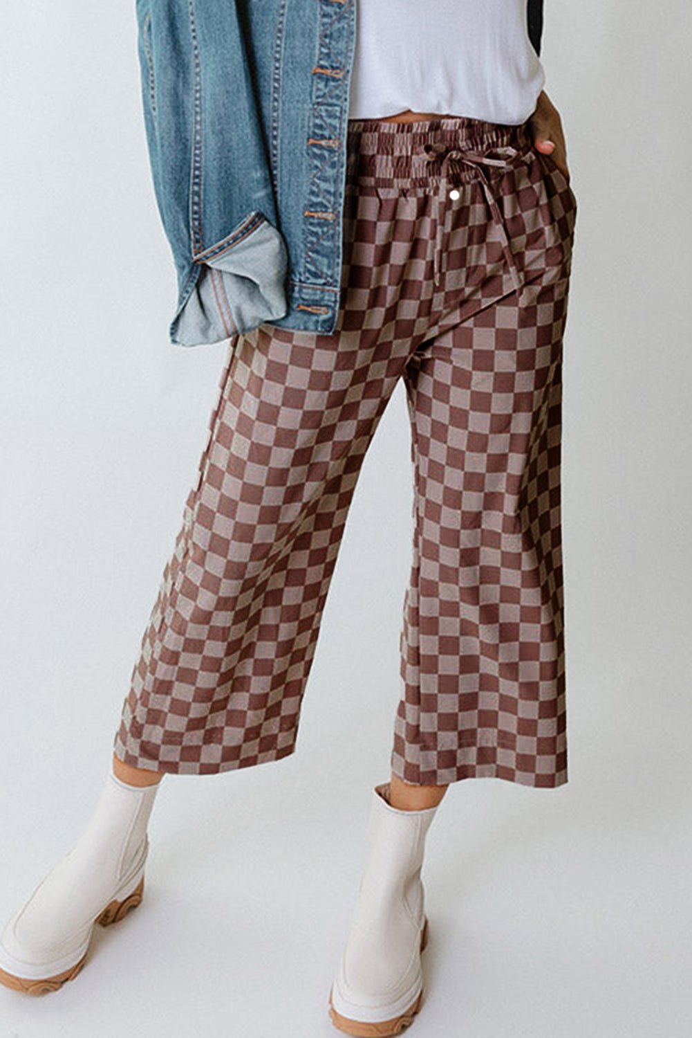 sky blue tie elastic waist checkered loose pants - MAD RUFFI