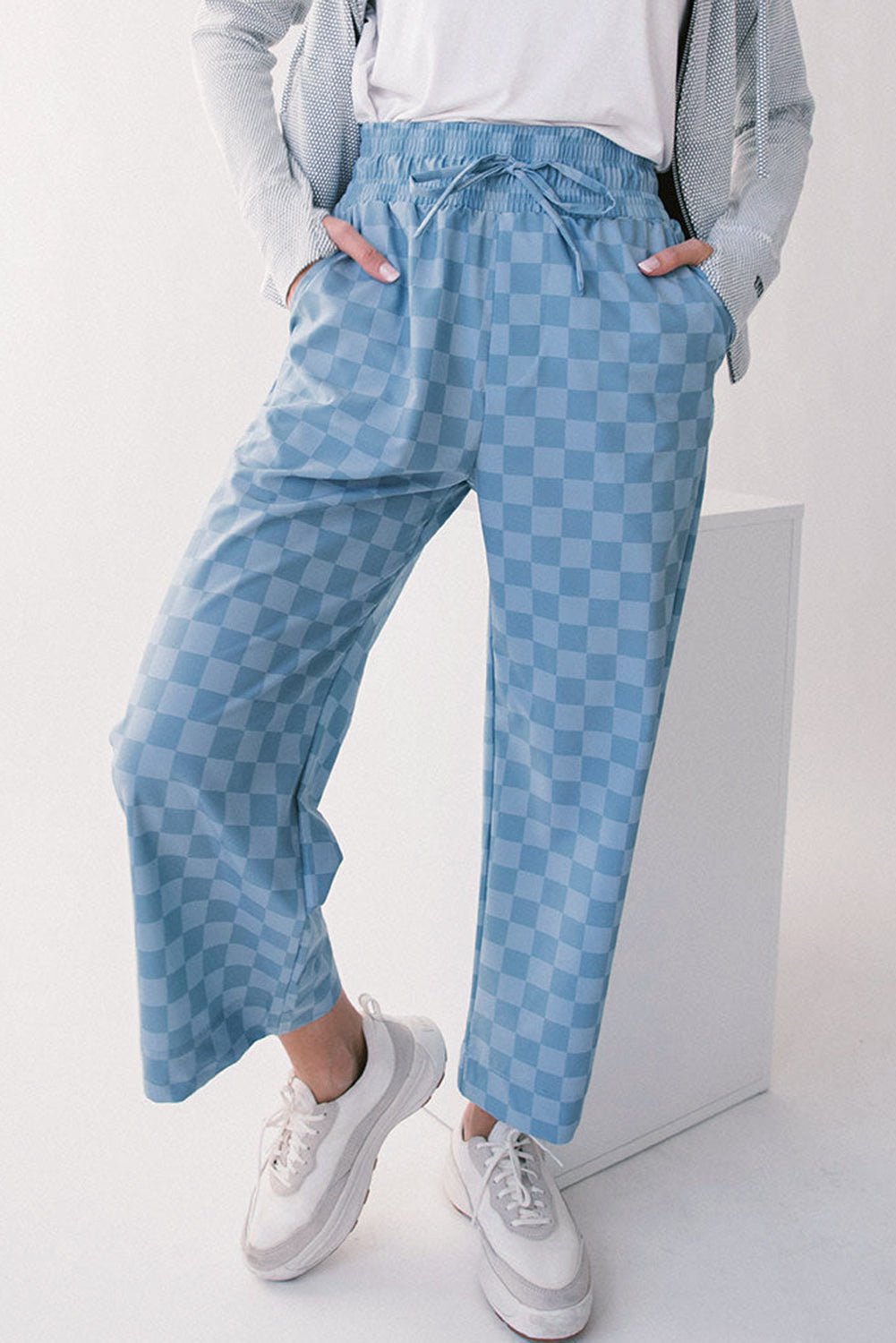 sky blue tie elastic waist checkered loose pants - MAD RUFFI