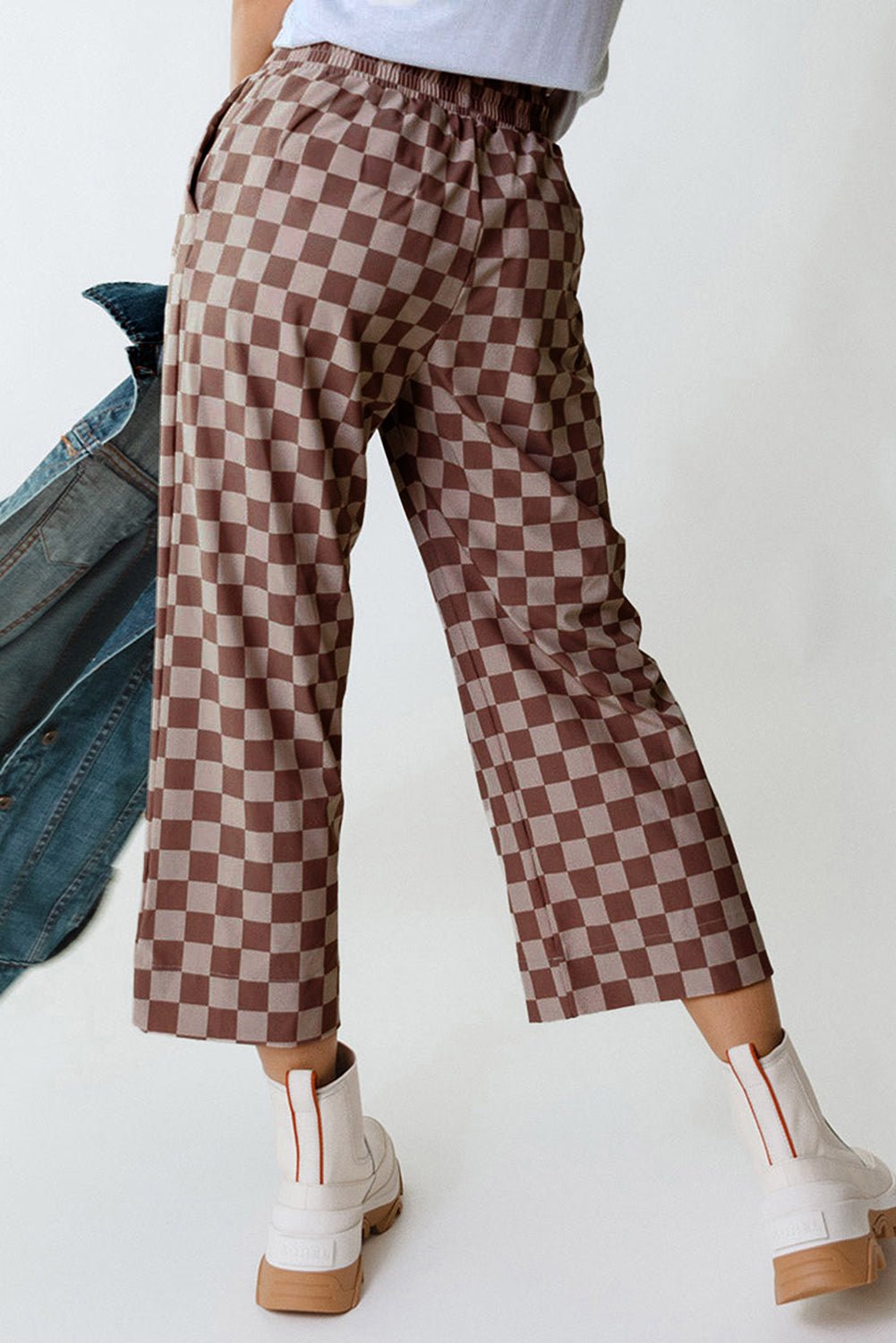 sky blue tie elastic waist checkered loose pants - MAD RUFFI