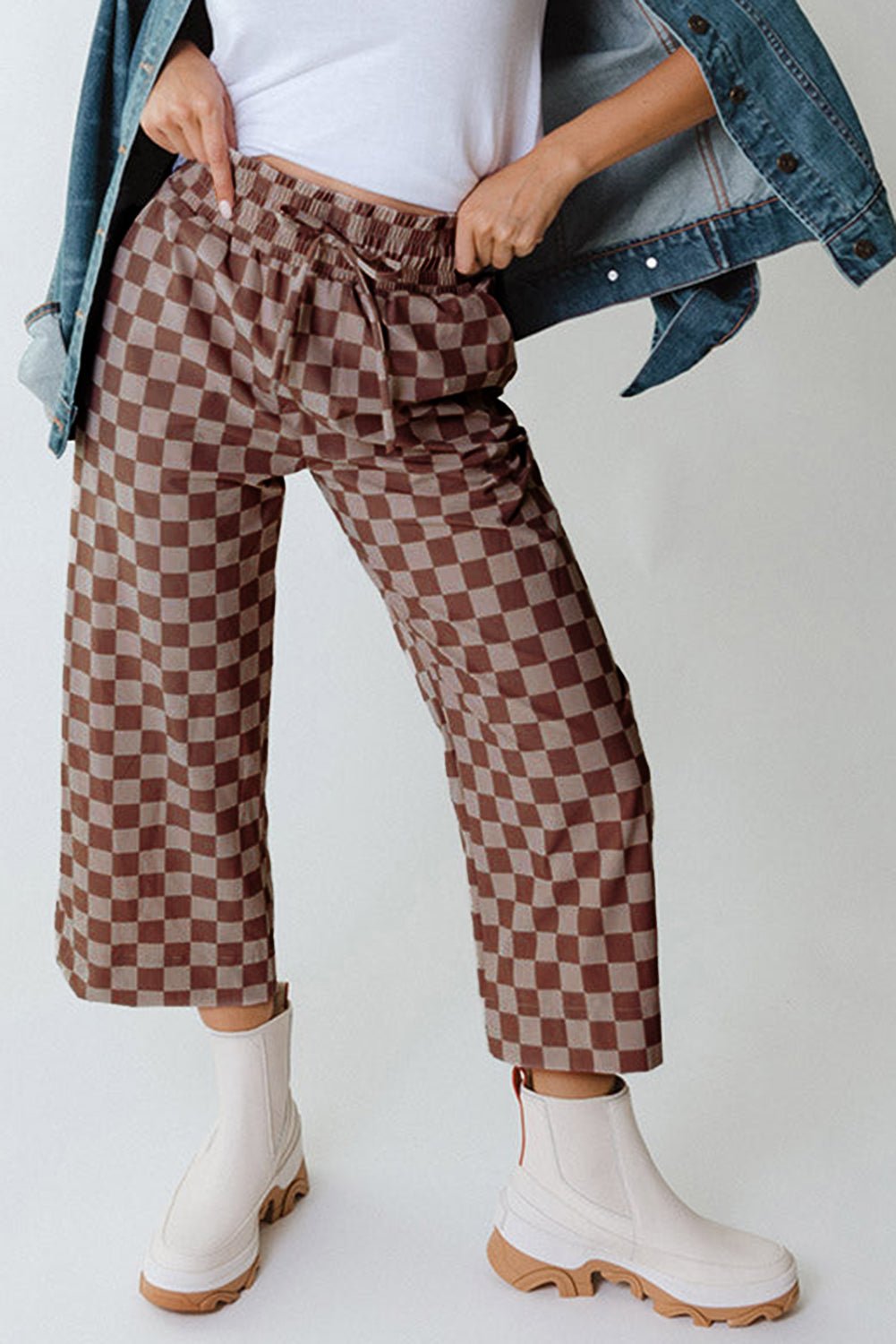 sky blue tie elastic waist checkered loose pants - MAD RUFFI