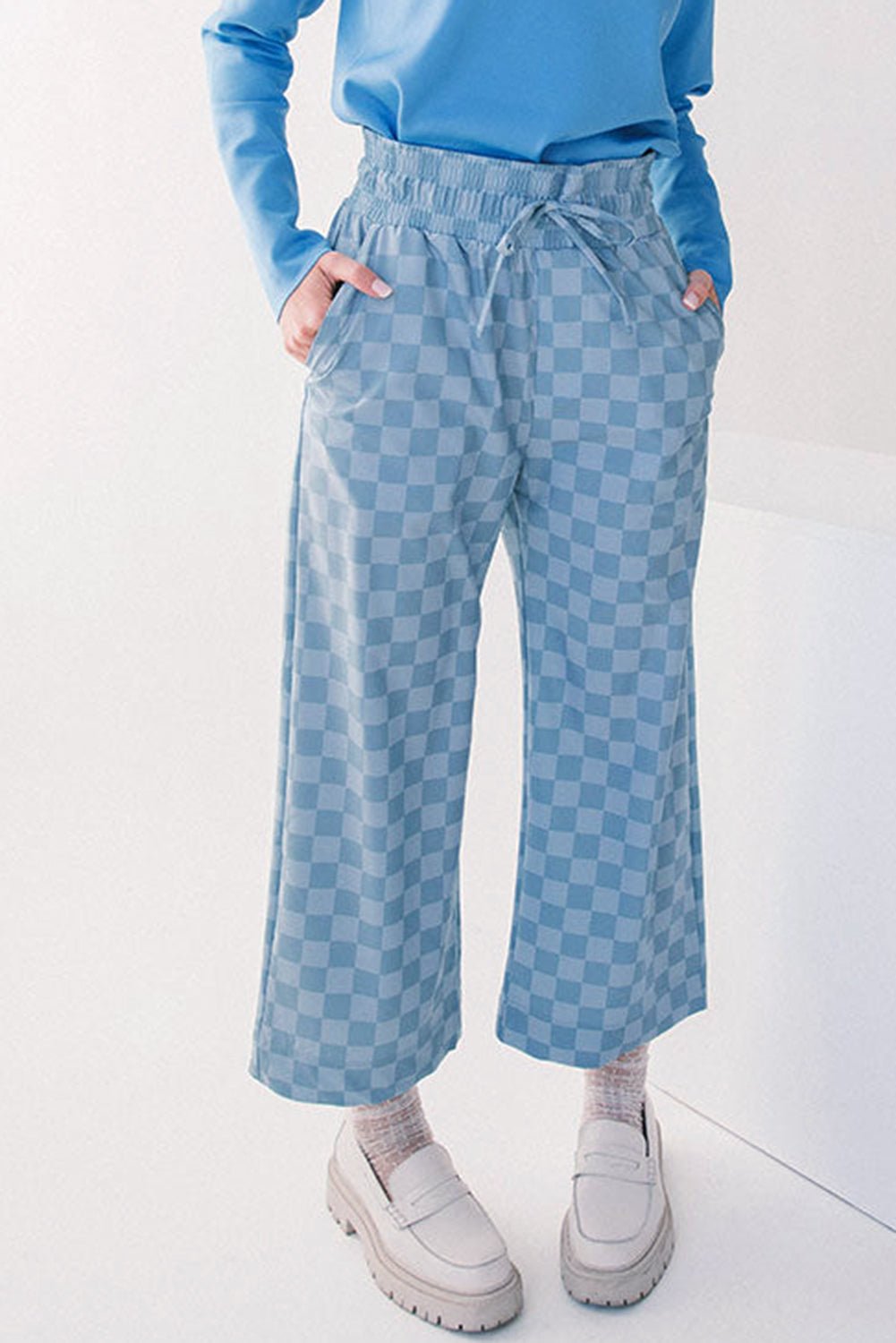 sky blue tie elastic waist checkered loose pants - MAD RUFFI