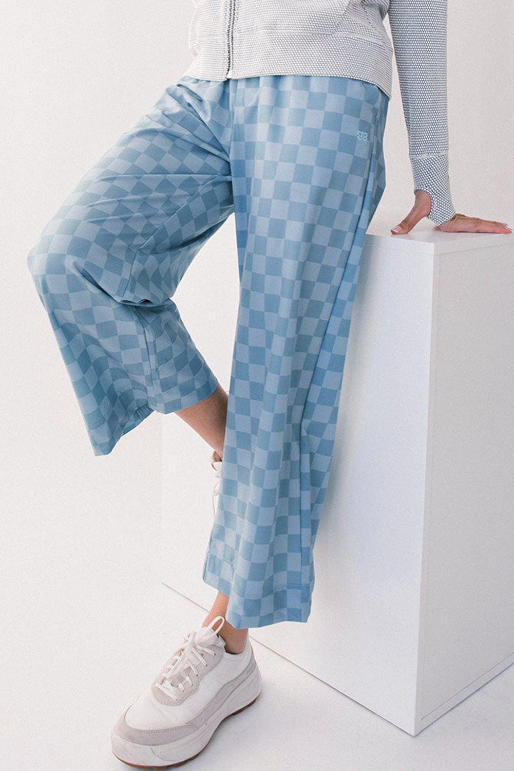 sky blue tie elastic waist checkered loose pants - MAD RUFFI