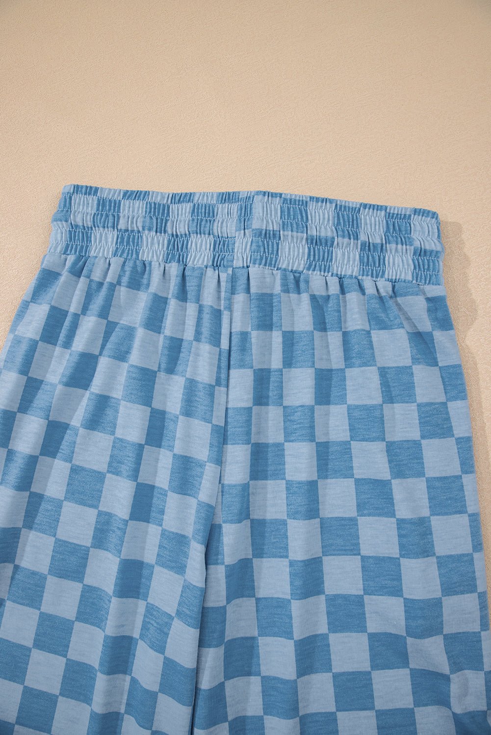sky blue tie elastic waist checkered loose pants - MAD RUFFI