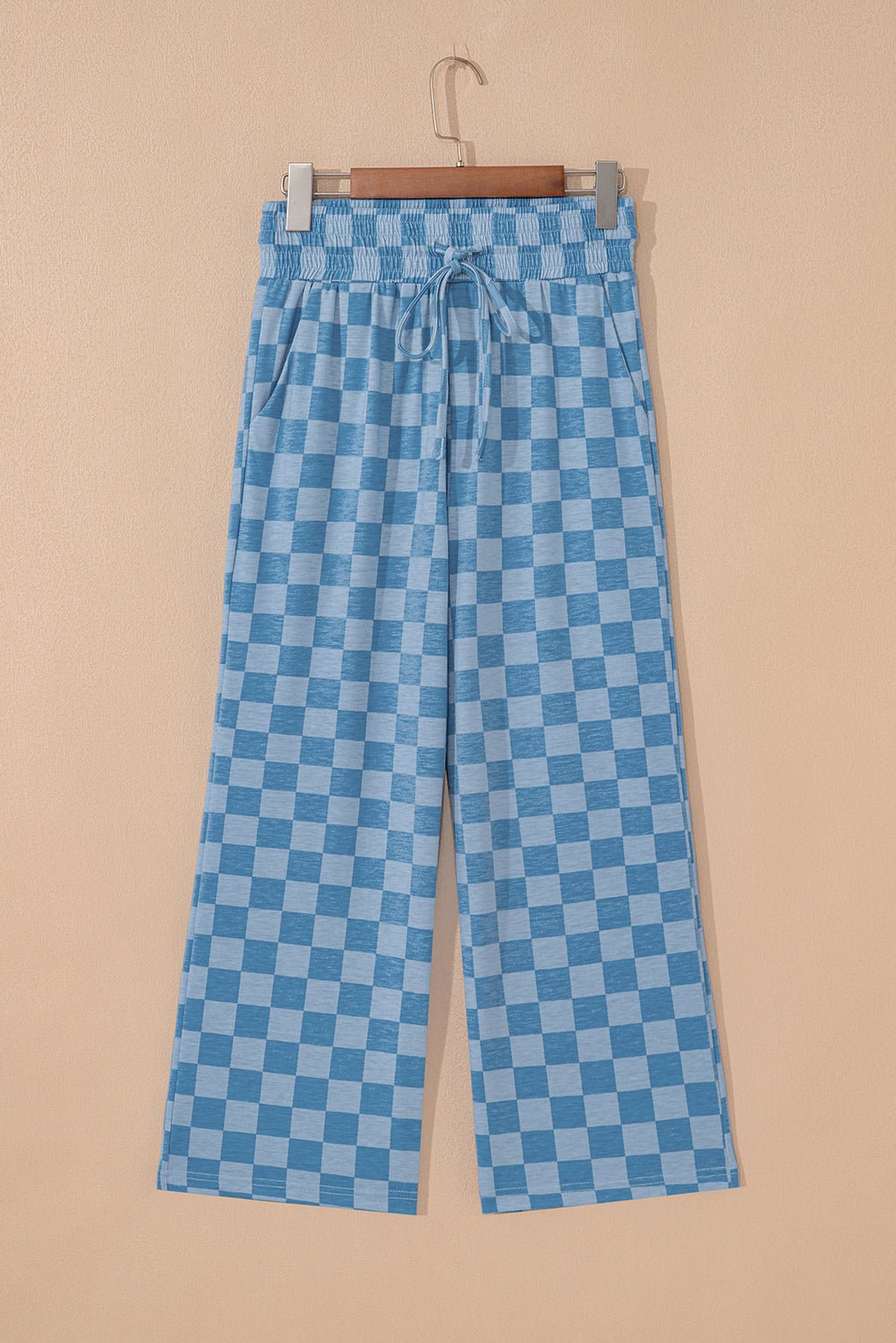 sky blue tie elastic waist checkered loose pants - MAD RUFFI