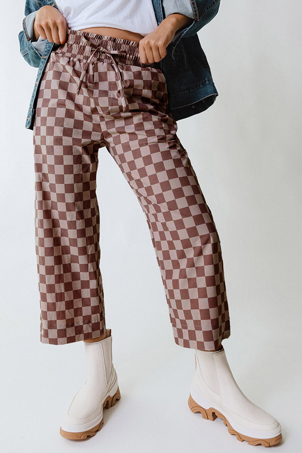 sky blue tie elastic waist checkered loose pants - MAD RUFFI