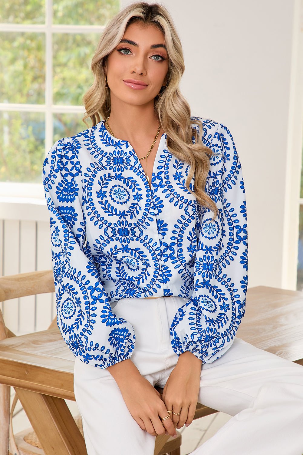 Sky Blue V Neck Puff Sleeve Boho Blouse - MAD RUFFI