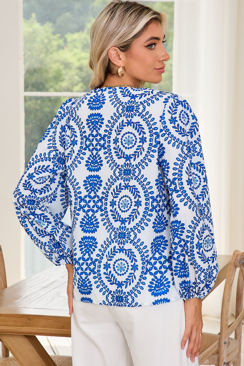 Sky Blue V Neck Puff Sleeve Boho Blouse - MAD RUFFI
