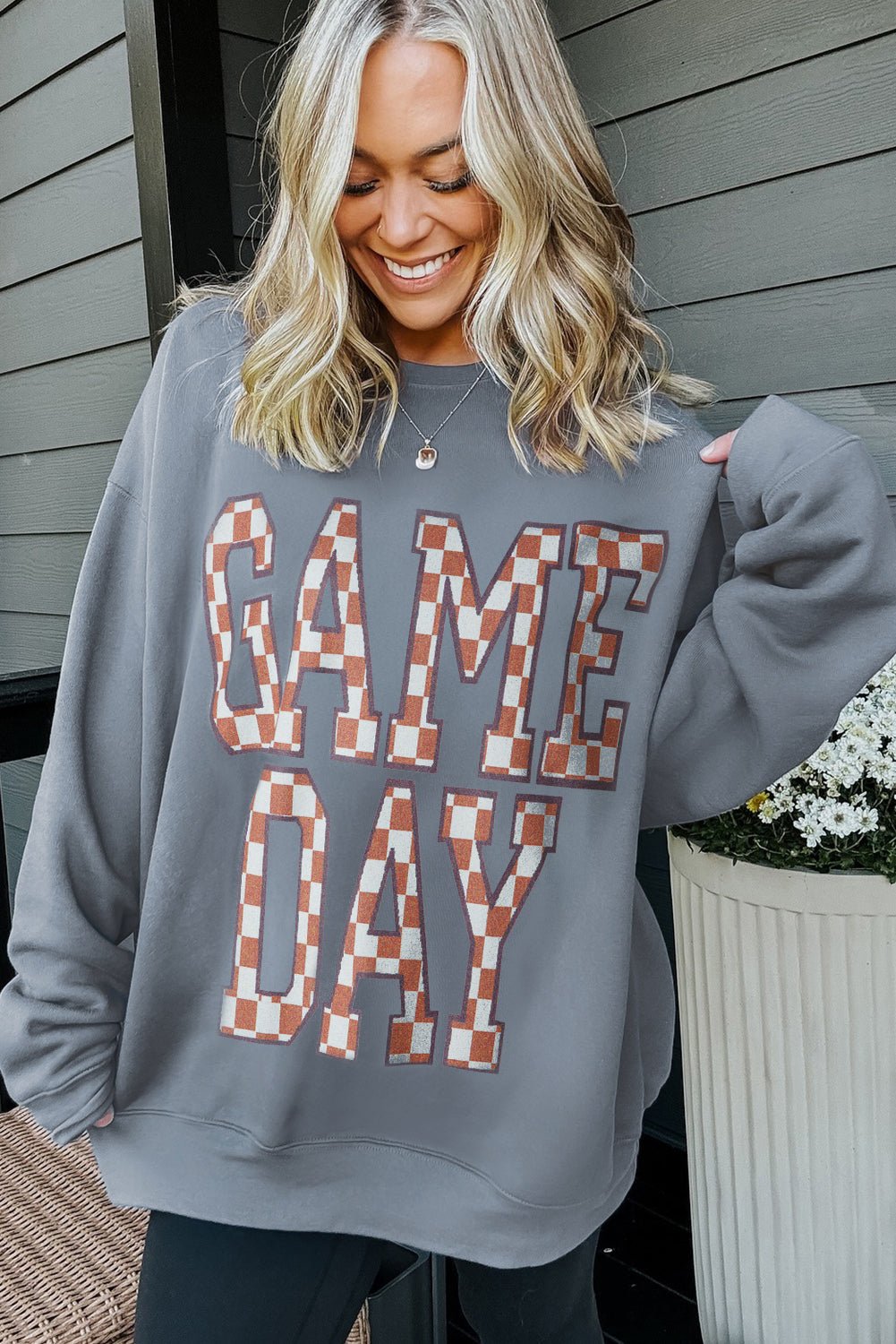 Sleet GAME DAY Checkered Letter Graphic Oversized Sweatshirt - MAD RUFFI